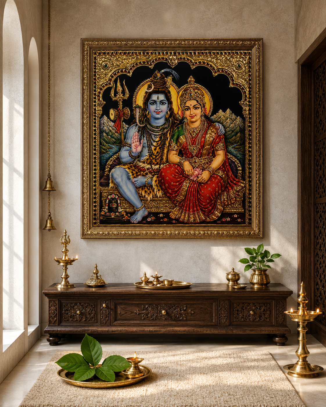 Shiva Parvati Tanjore wall art printed and framed in a Shaiva puja room above a carved wooden altar with brass lamps and temple bells