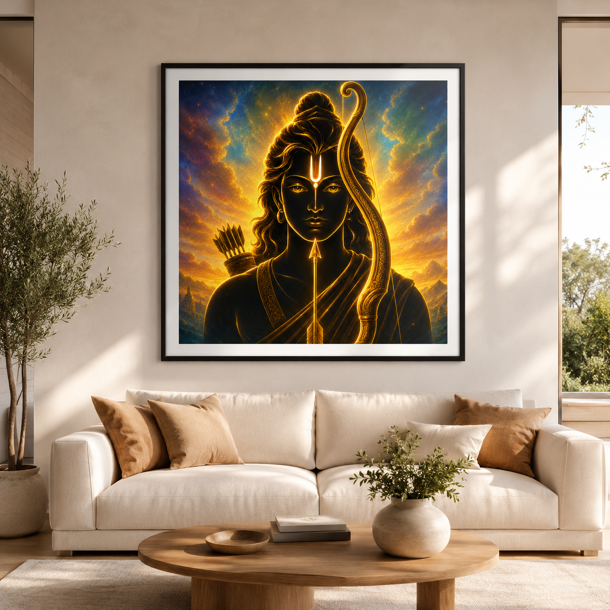 Lord Rama minimalist gold line art in a dark frame above a sofa in a sunlit contemporary living room