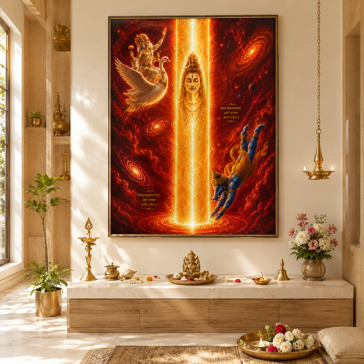 Lingodbhava Shiva wall art printed and framed in a Shaiva puja room, hung above a stone altar with brass lamps, a hanging diya and fresh flowers