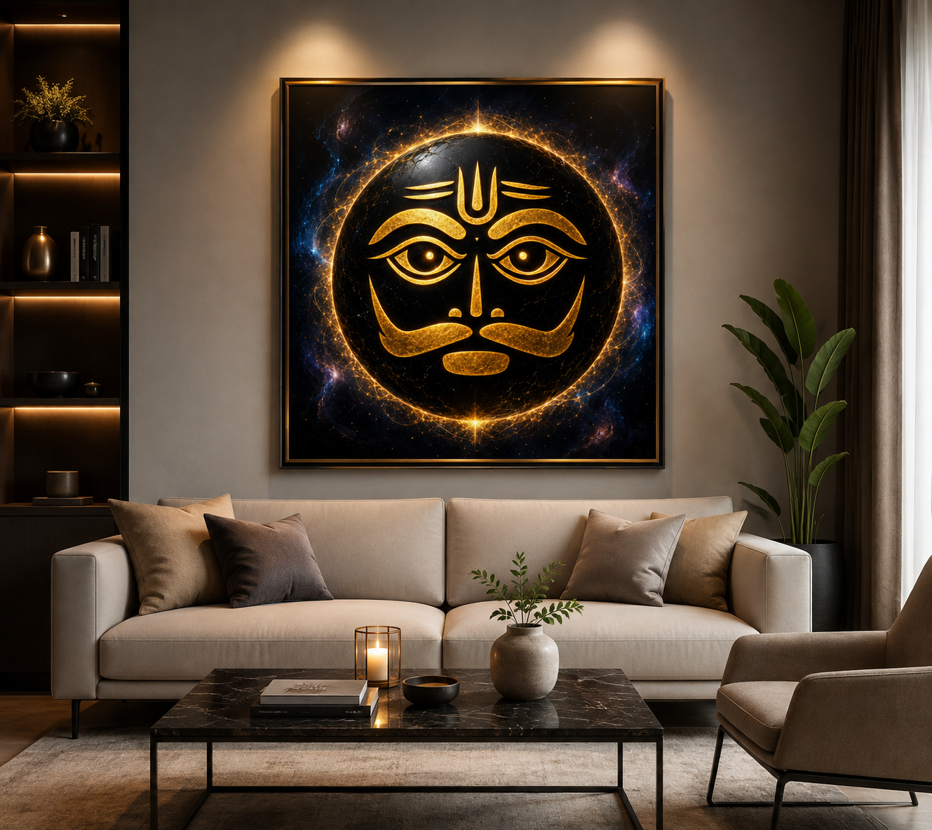 Kala Bhairava minimalist gold line art displayed in a contemporary living room, framed in slim gold above a neutral sofa