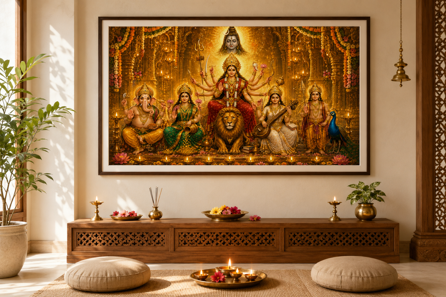 Durga divine family wall art printed and framed above a wooden puja console with brass lamps, marigolds and puja vessels in a Bengali household puja room