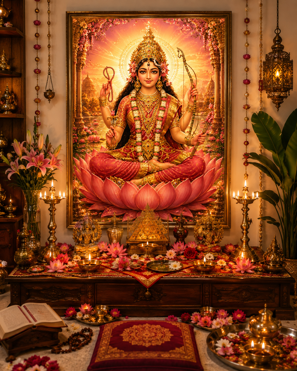 Maa Tripura Sundari wall art displayed in a dedicated Sri Vidya practice space, framed above a lamp-lit altar with Sri Yantra, lotus flowers and brass offering vessels