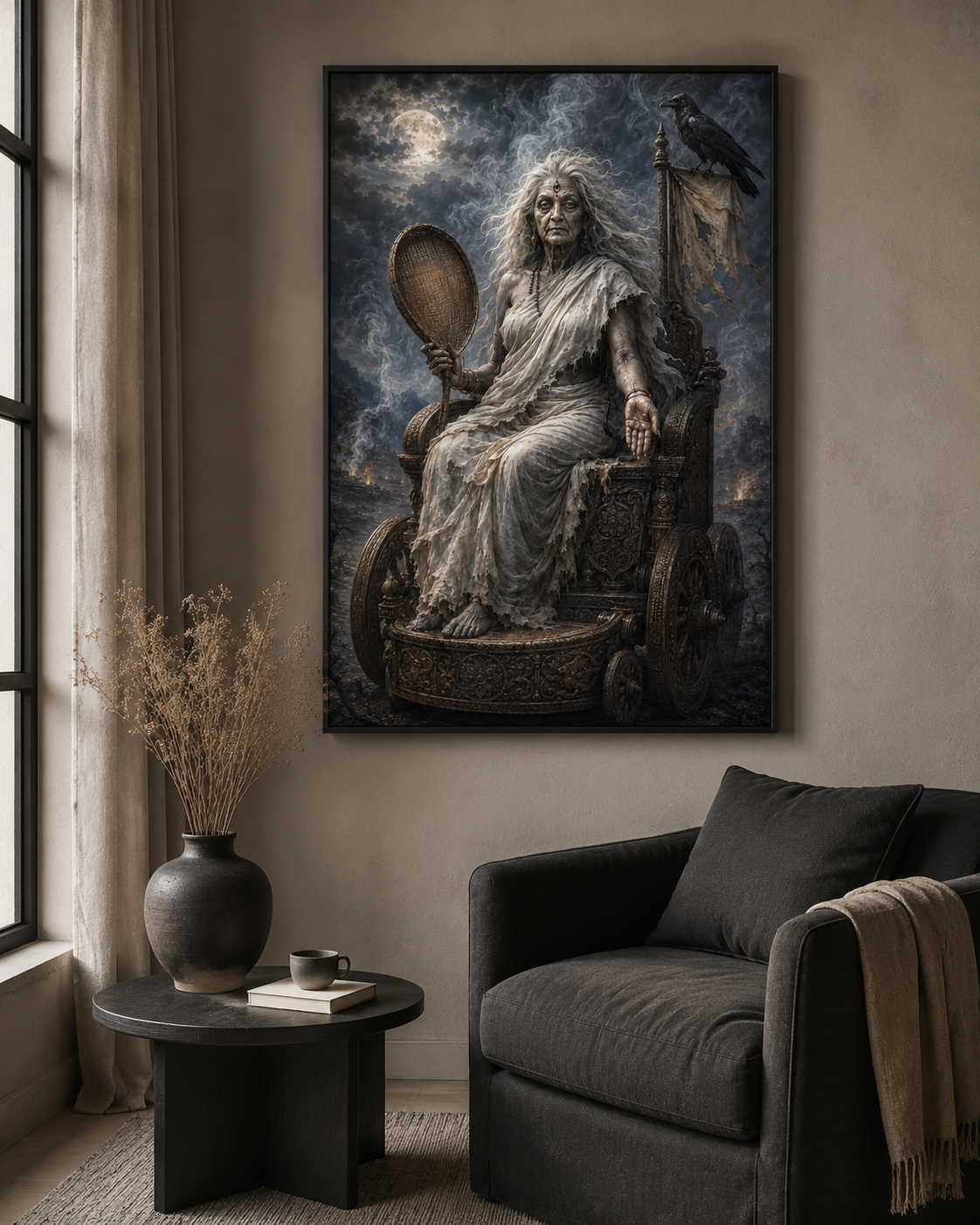 Maa Dhumavati wall art framed on a dark neutral wall in a quiet contemplative meditation room, its grey, silver and twilight palette reading clearly in soft daylight