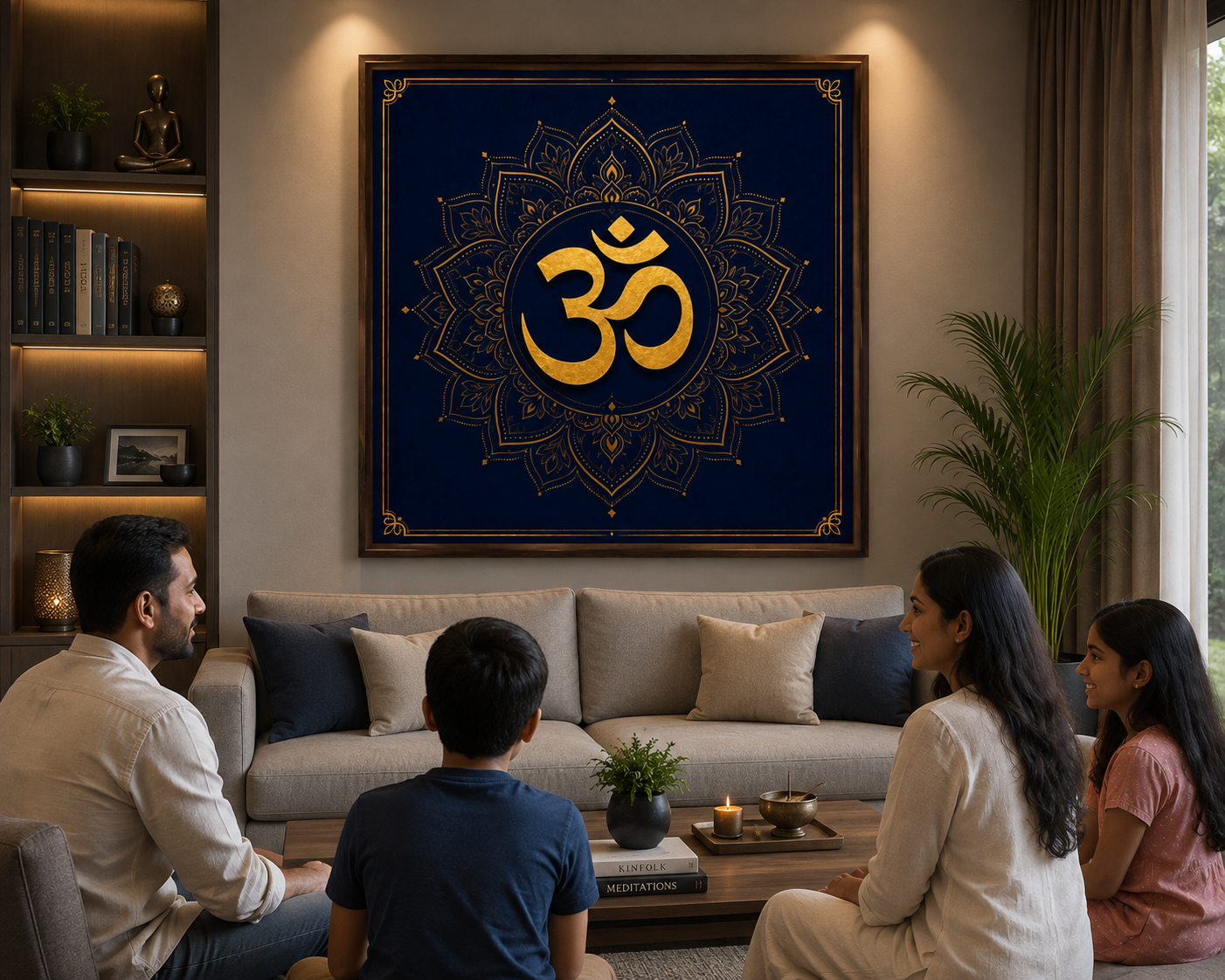 Aum Om sacred symbol wall art framed above a sofa in a warmly lit family living room