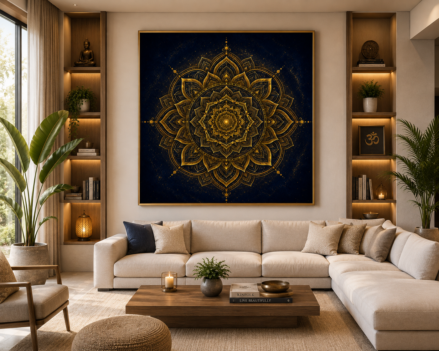 Sacred Mandala wall art displayed in a warm modern living room above a sectional sofa
