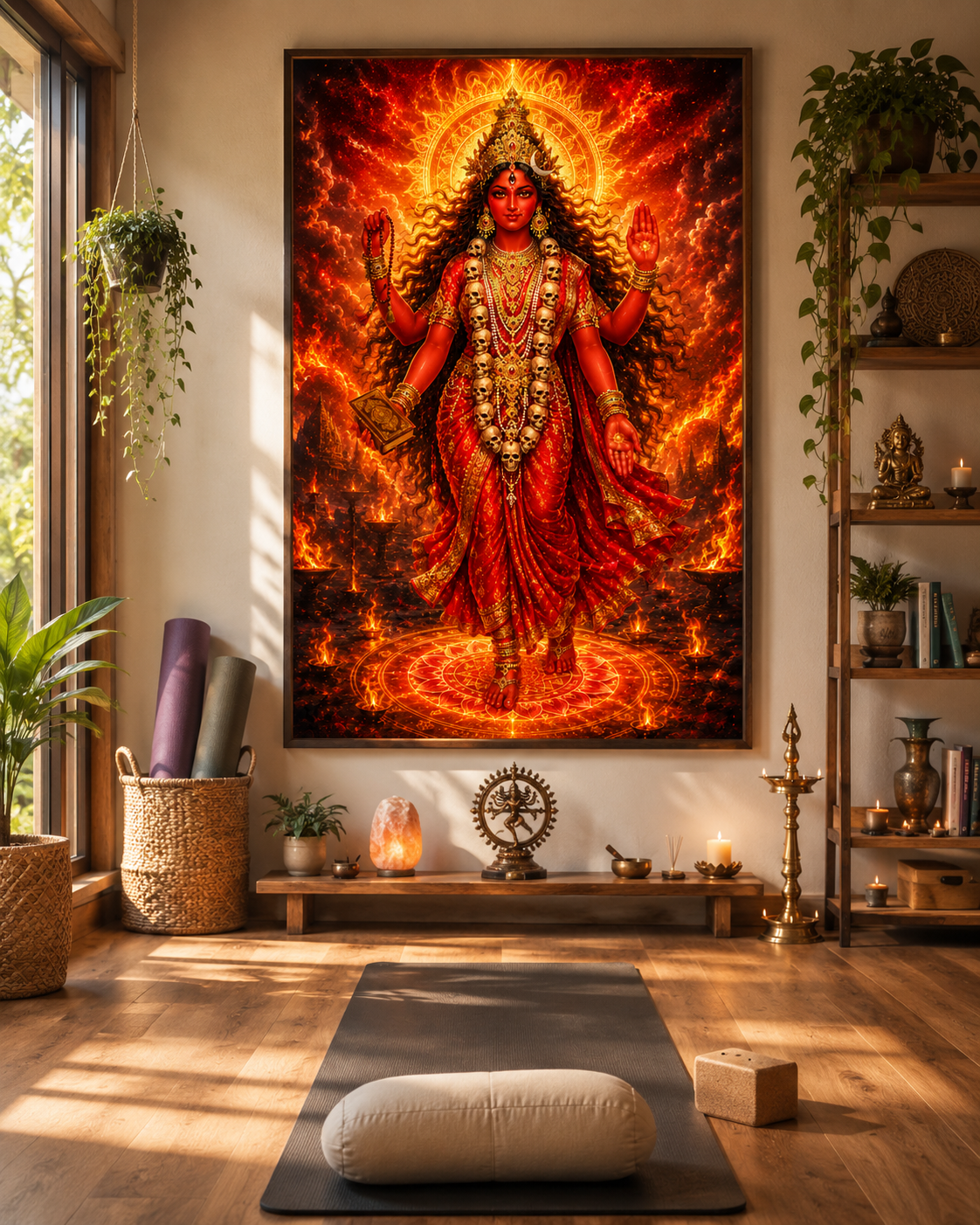Maa Bhairavi wall art displayed in a dedicated Mahavidya altar and practice space, framed above a low wooden bench with lamps, salt lamp and Nataraja murti
