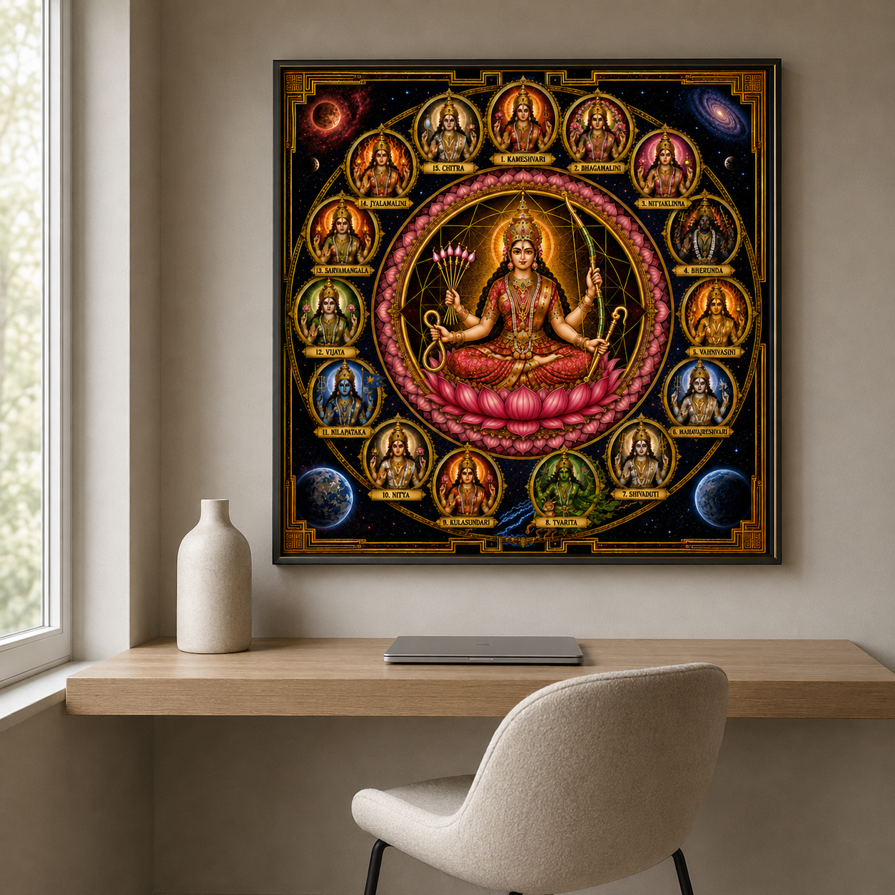 Sri Vidya Sixteen Nityas mandala framed at large size in a quiet Shakta practice room, all sixteen goddess portraits clearly visible