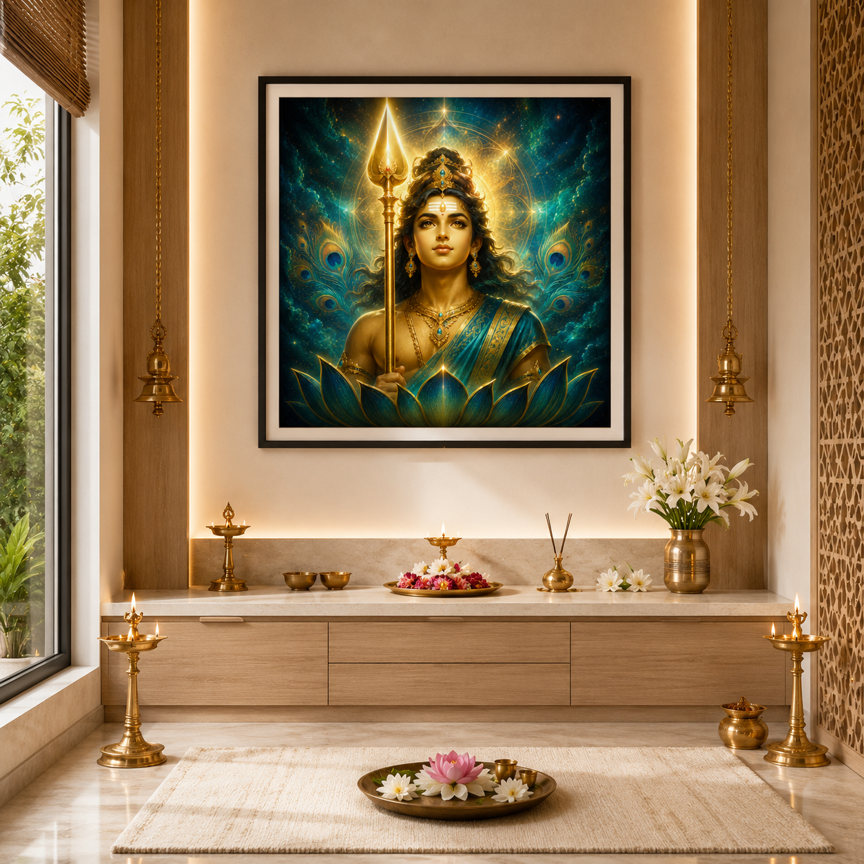 Kartikeya Murugan minimalist gold line art framed above a home puja altar with brass lamps and flowers