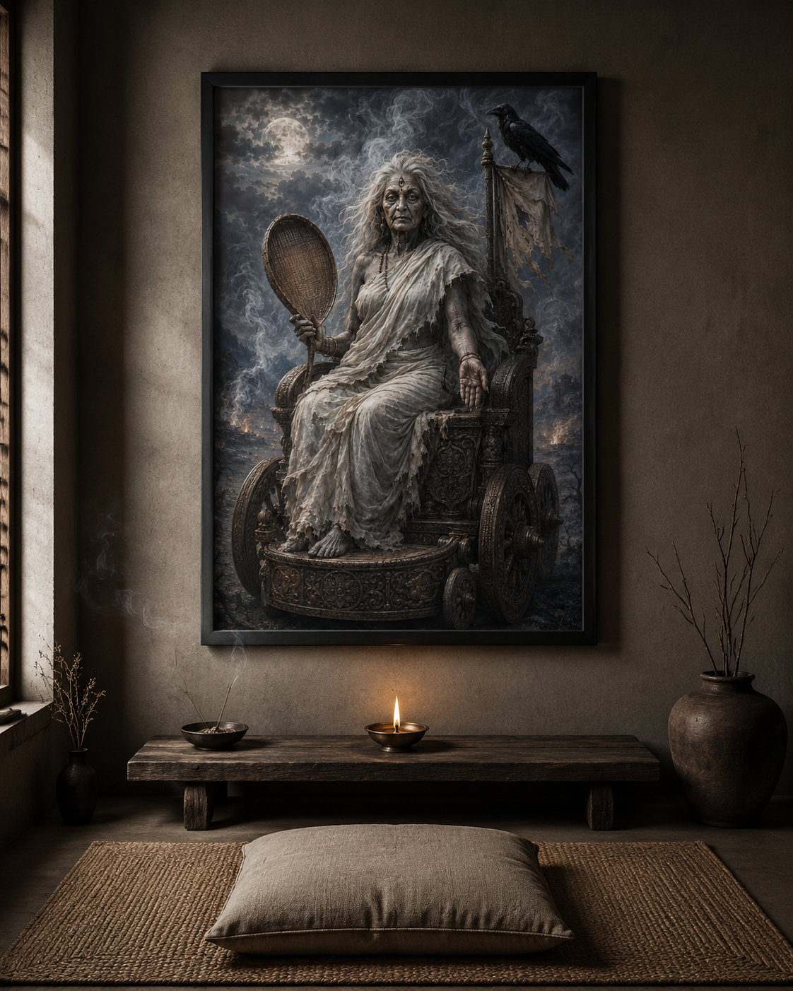 Maa Dhumavati wall art printed and framed in a dedicated Mahavidya and Shakta practice space, above a low wooden bench with a single burning diya and incense