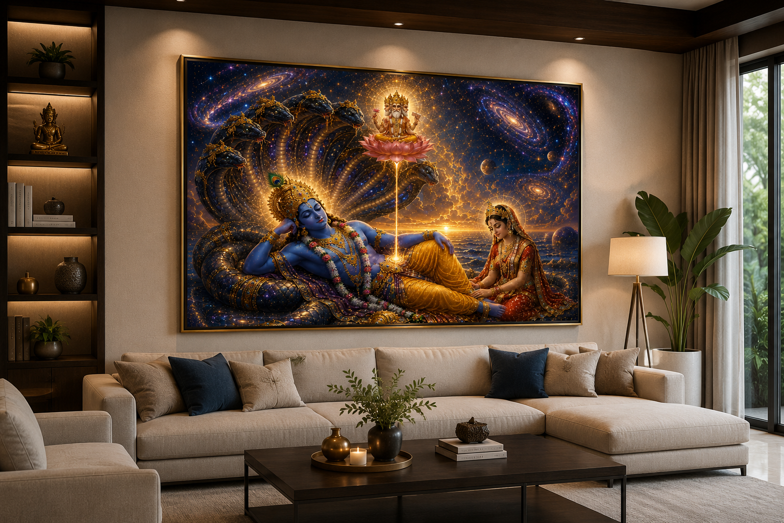 Anantha Padmanabha Vishnu wall art displayed in a living room as a wide landscape statement piece above a sofa
