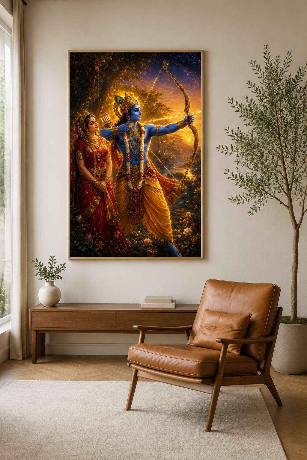 Ram Sita wall art framed in a puja room as the primary Rama-Sita devotional image on a calm neutral wall