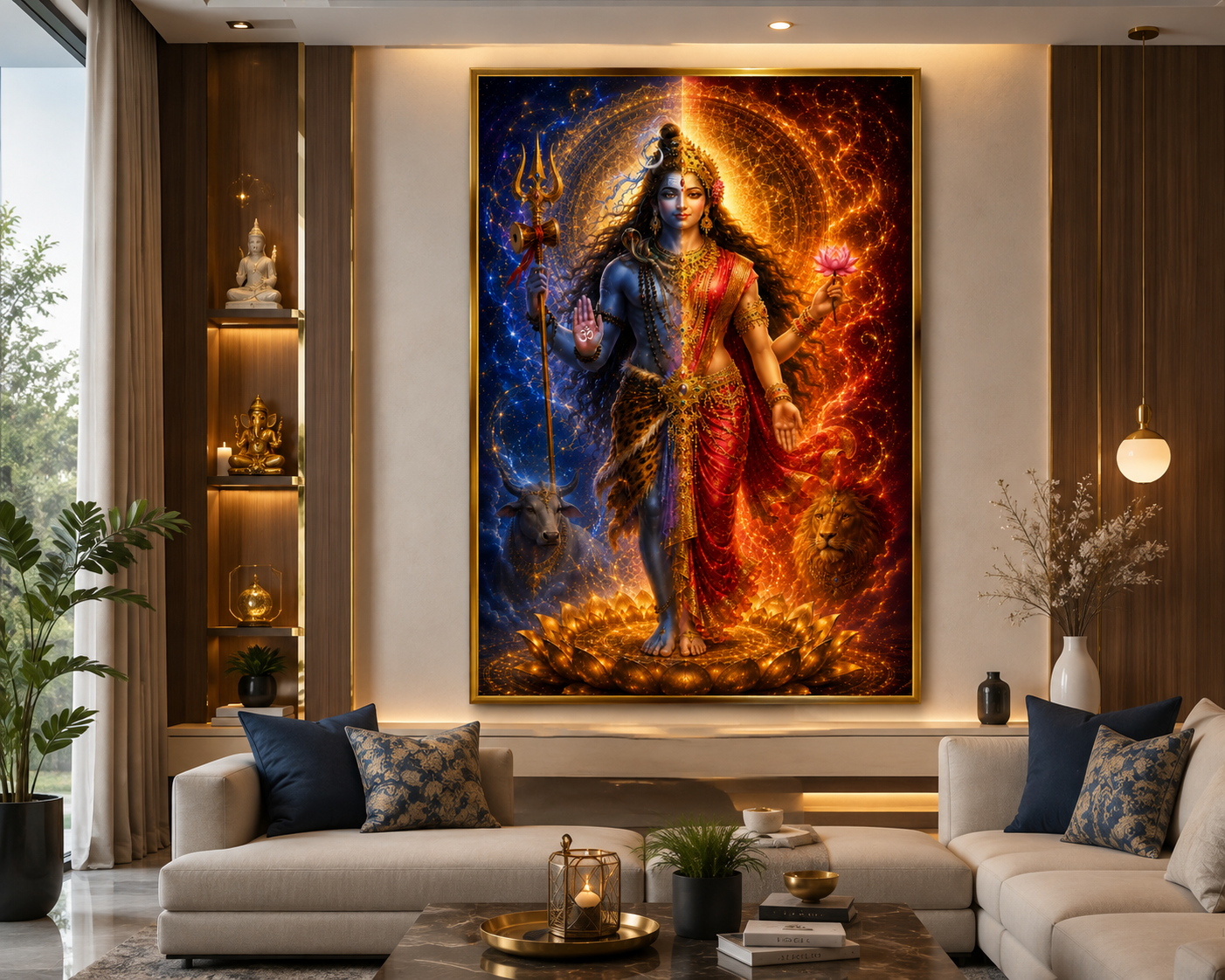 Ardhanarishwara wall art displayed in a living room, the cool-warm split palette framed in gold above a cream sofa with warm accent lighting