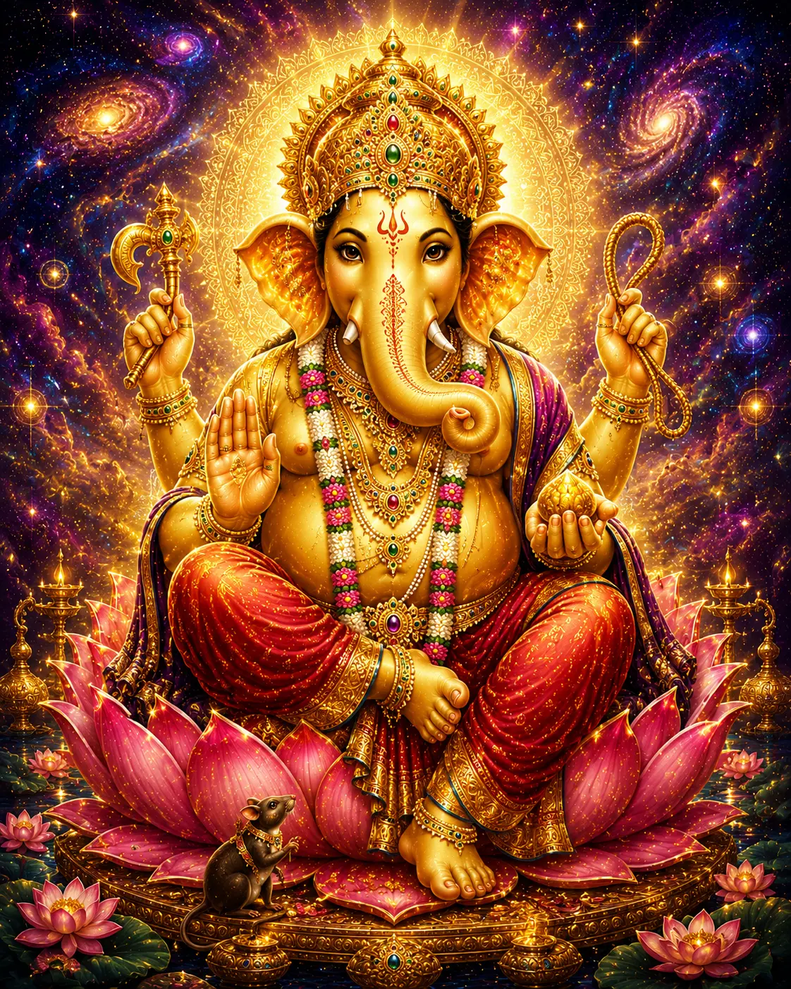 Lord Ganesha wall art in gold on a deep indigo cosmic background