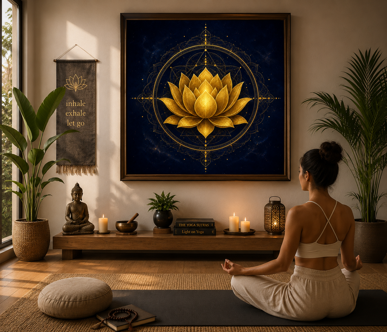 Golden Lotus Mandala wall art framed in a sunlit yoga studio above a wooden altar bench