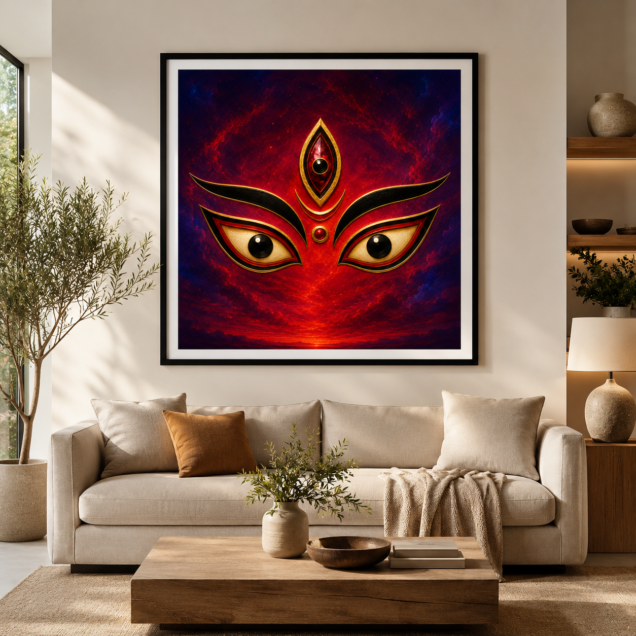 Goddess Durga minimalist gold line art in a black frame above a sofa in a sunlit contemporary living room