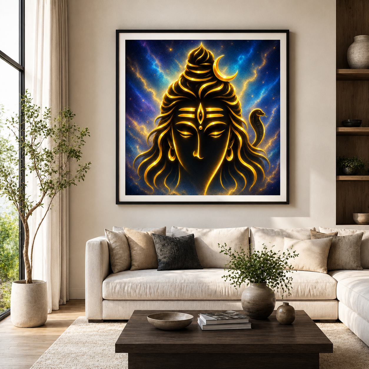 Lord Shiva Mahadev minimalist gold line art in a dark frame above a sofa in a sunlit contemporary living room