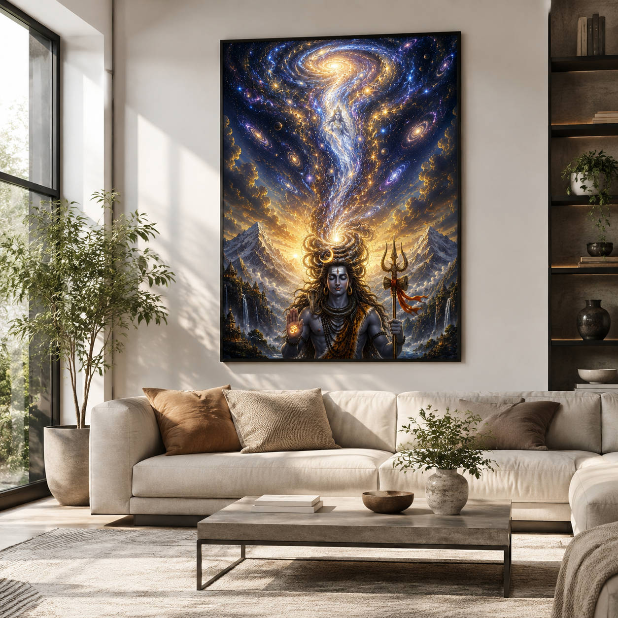 Shiva Ganga wall art framed on a neutral wall in a modern meditation and living space above a pale sofa, the cool cosmic blue palette lit by daylight