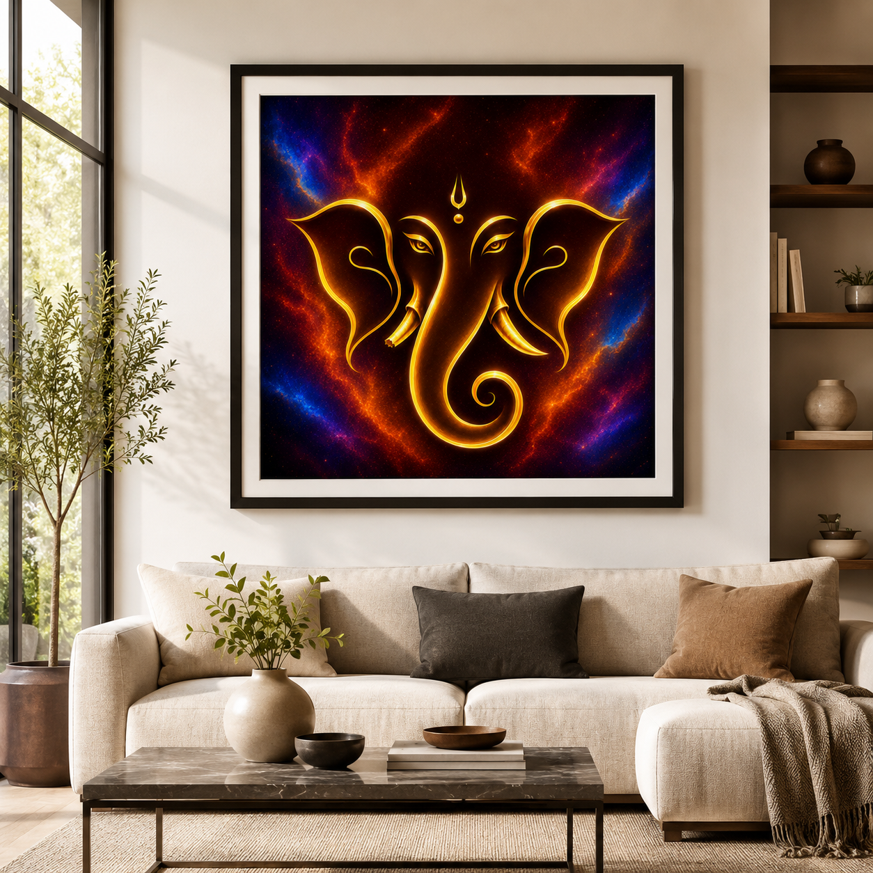 Ganesha minimalist gold line art framed in a dark frame on a white wall in a contemporary living room