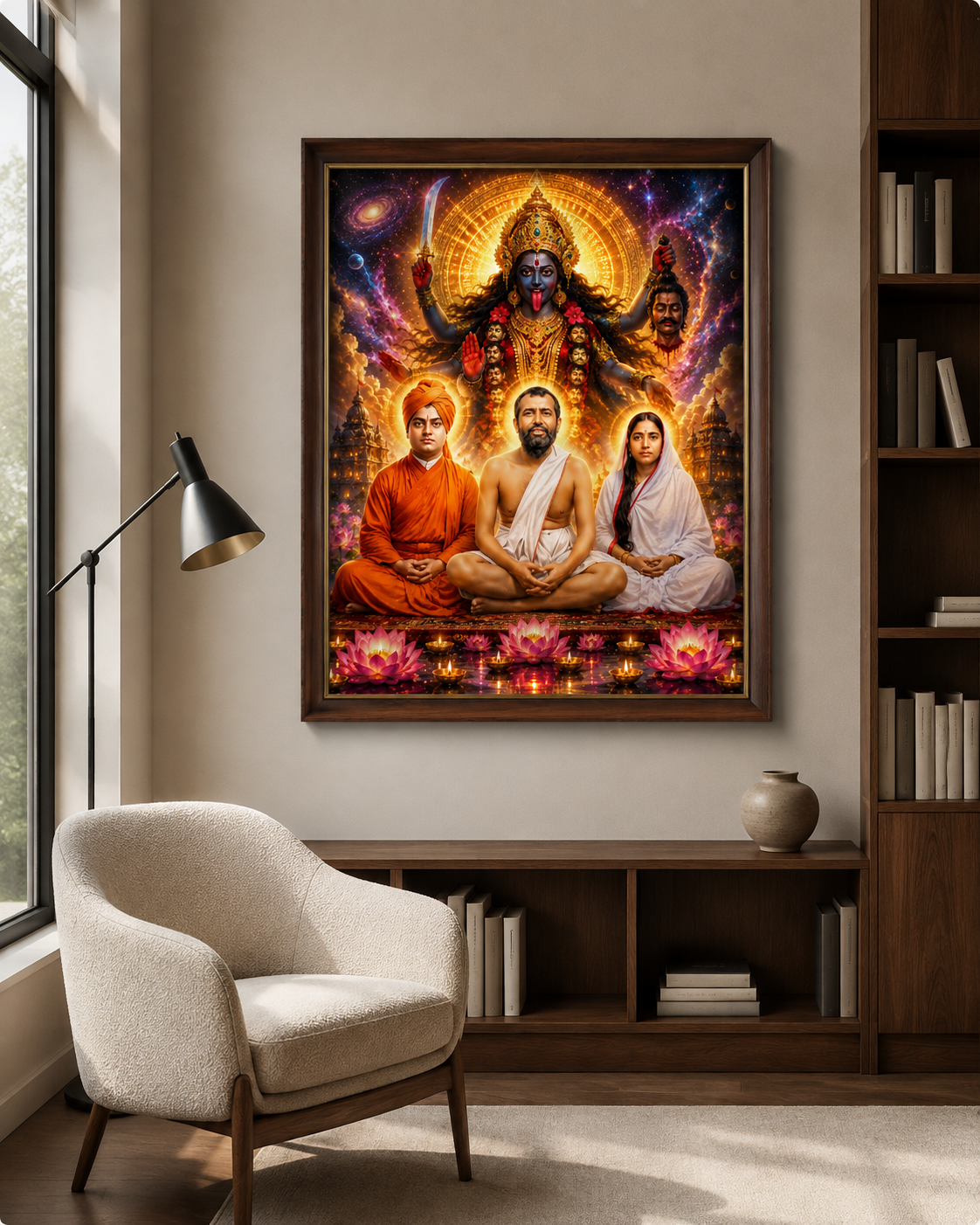 Kali with Ramakrishna, Vivekananda and Sarada Devi wall art framed in the home of a Ramakrishna and Vedanta devotee, above a wooden console in soft daylight