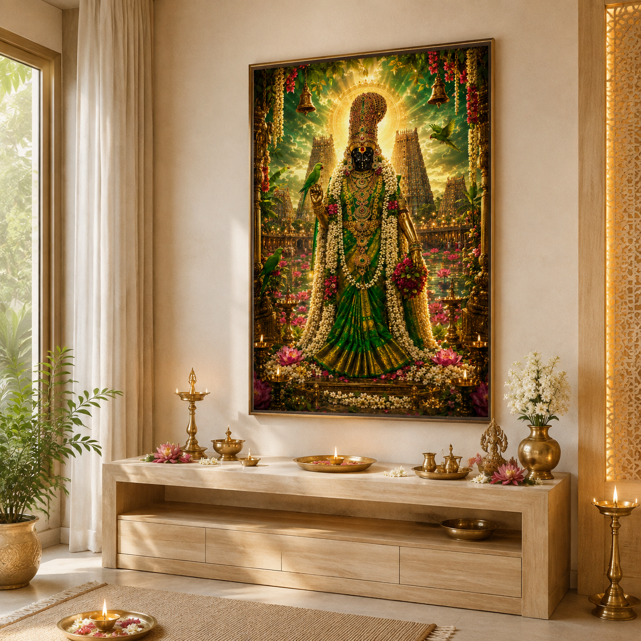 Meenakshi Amman wall art printed and framed in a Tamil South Indian puja room, hung above a light wood altar with brass lamps, lotus flowers and lit diyas