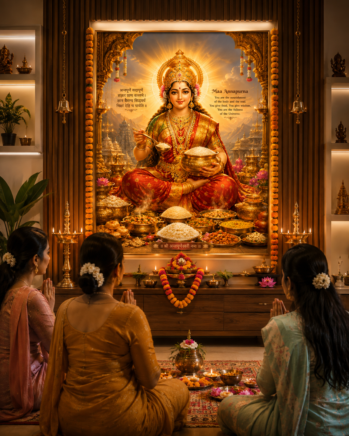 Maa Annapurna wall art displayed in a home puja room, framed with marigold garlands above a lamp-lit altar with a family seated in prayer