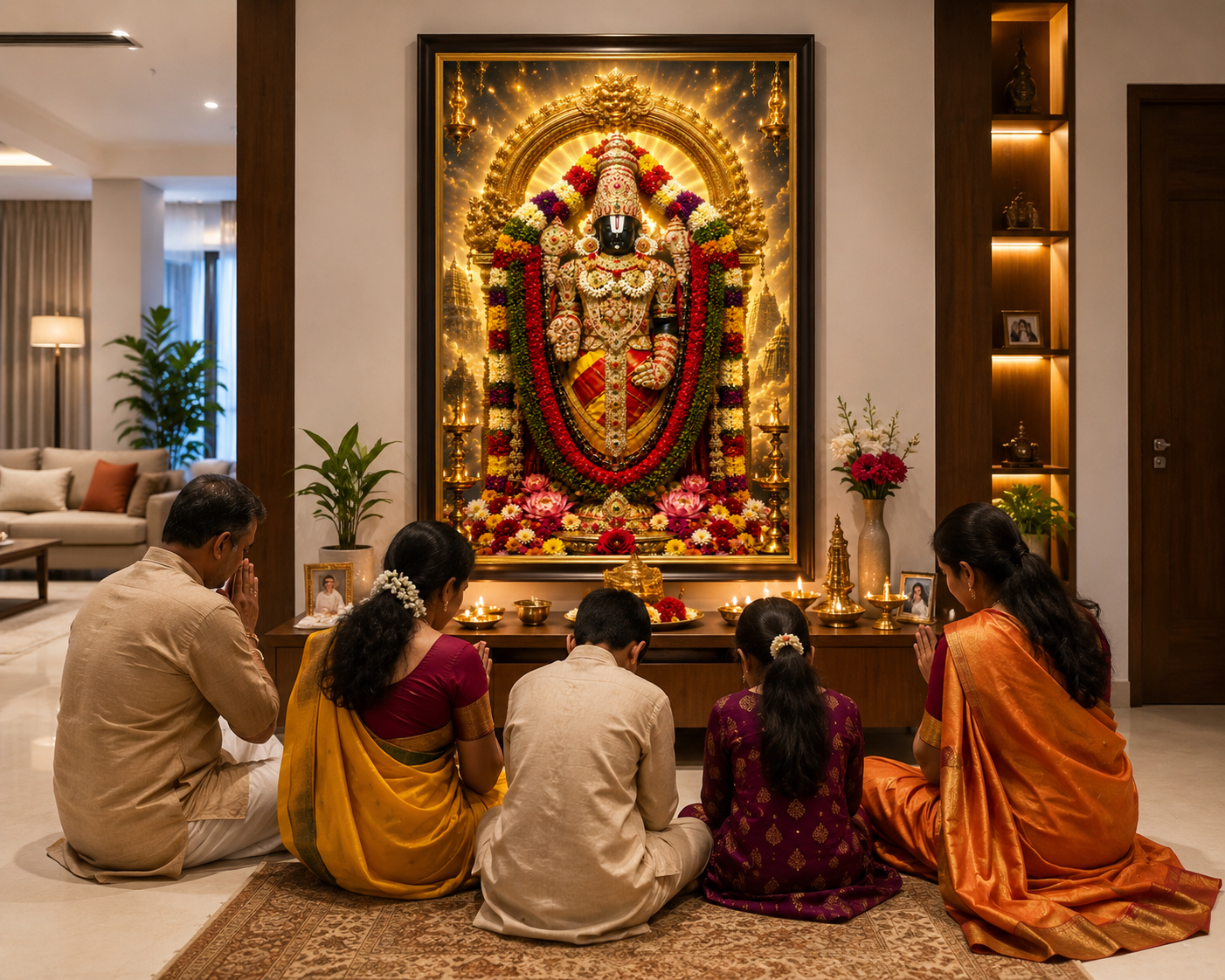 Lord Venkateswara Tirupati Balaji wall art displayed in a home puja room, framed above a lamp-lit altar with a family in prayer