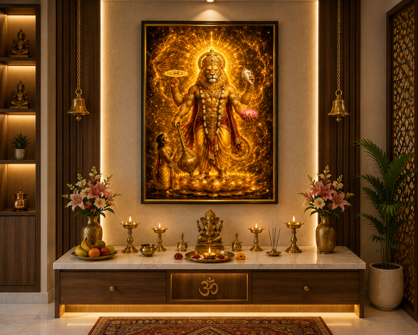 Narasimha Vishnu Avatar wall art displayed in a home puja room, framed above a lamp-lit altar with brass diyas, bells and flowers