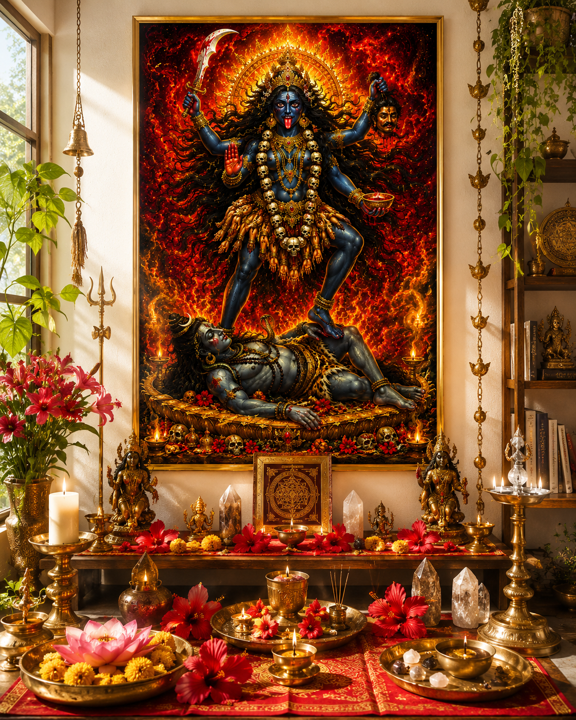 Maa Kali Mahavidya wall art displayed in a practice interior, the blue-black and crimson palette in a gold frame above a shrine bench with flowers, crystals and brass lamps