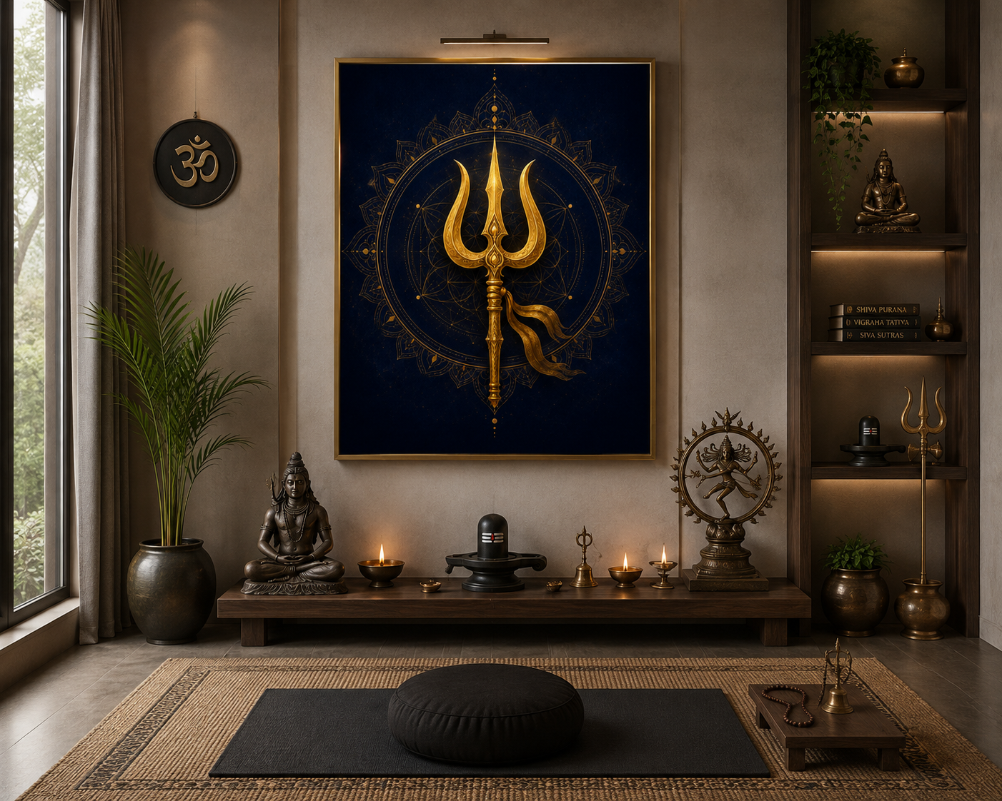 Trishul Mandala wall art framed above an altar bench in a Shaiva meditation room with lamps, a Shiva murti and a Nataraja bronze