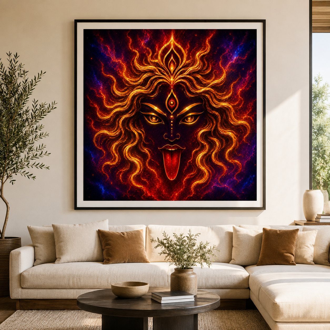 Maa Kali minimalist gold line art in a dark frame above a sofa in a sunlit contemporary living room