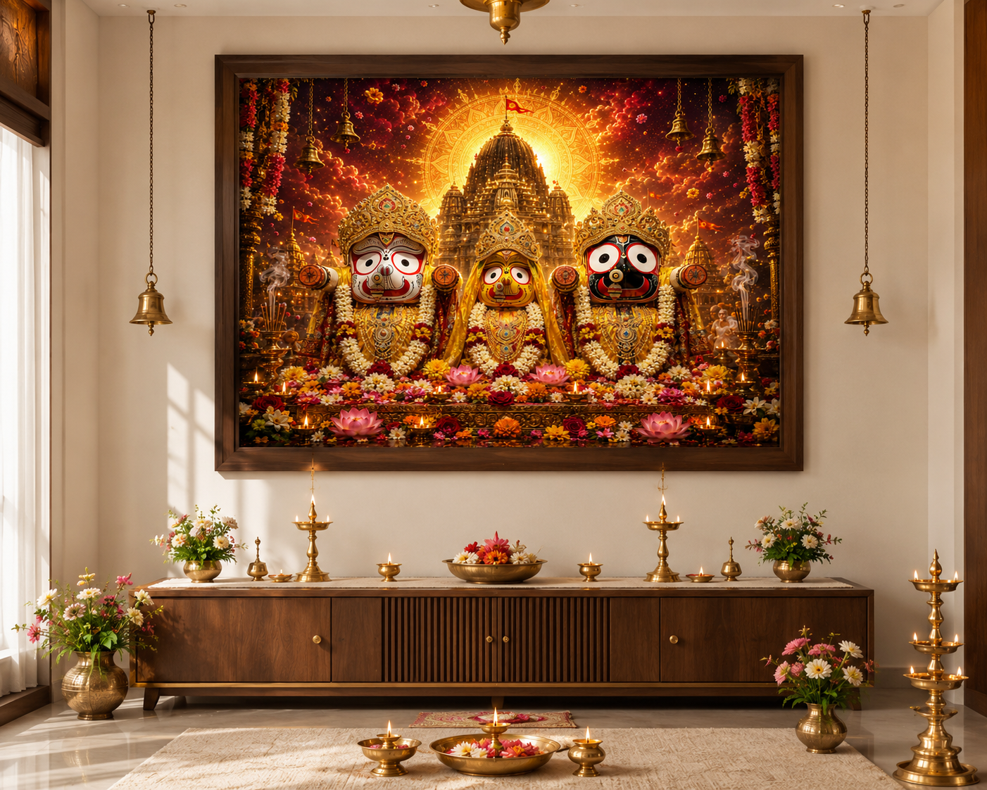 Jagannatha trinity wall art printed and framed in an Odishan Vaishnava puja room above a wooden altar console with brass lamps, hanging bells and flowers