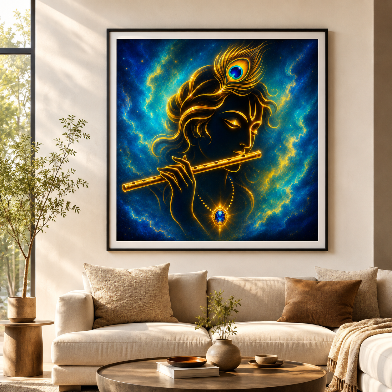 Lord Krishna minimalist gold line art in a dark frame above a sofa in a sunlit contemporary living room