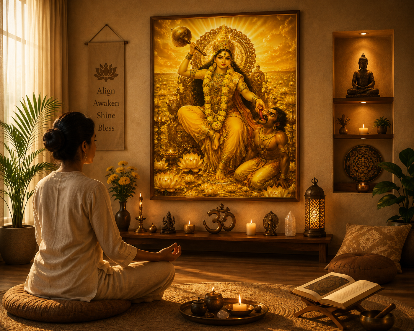 Maa Bagalamukhi wall art displayed in a warm interior meditation room, the yellow and gold palette glowing above a low wooden altar shelf
