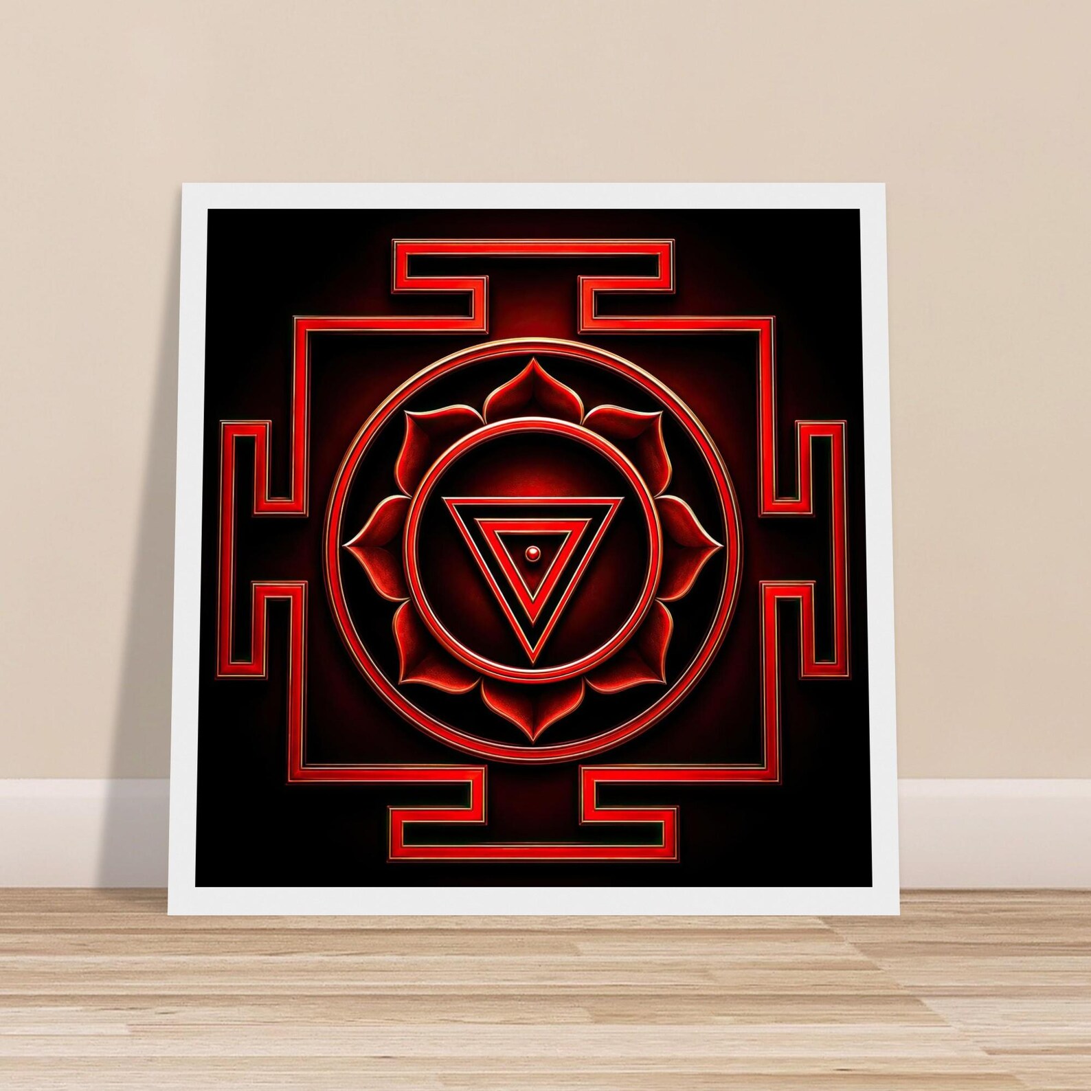 Square Kali Yantra poster print in red and black leaning against a wall