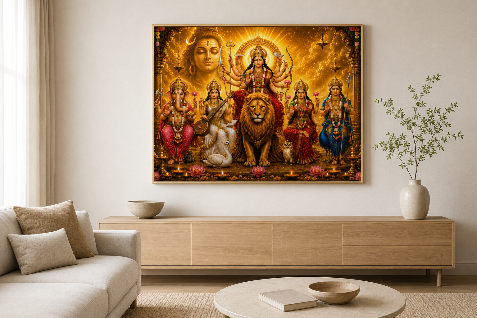 Durga divine family wall art framed in a bright modern living room above a light wood sideboard, its warm golden palette serving as a devotional centrepiece