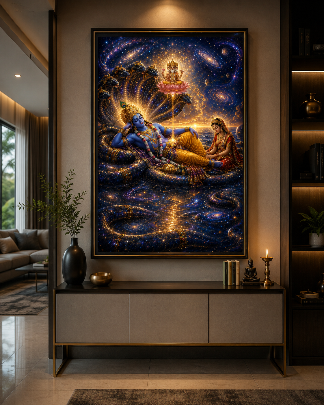 Anantha Padmanabha Vishnu wall art displayed in a home puja room, framed above a lamp-lit altar with a brass diya and singing bowl