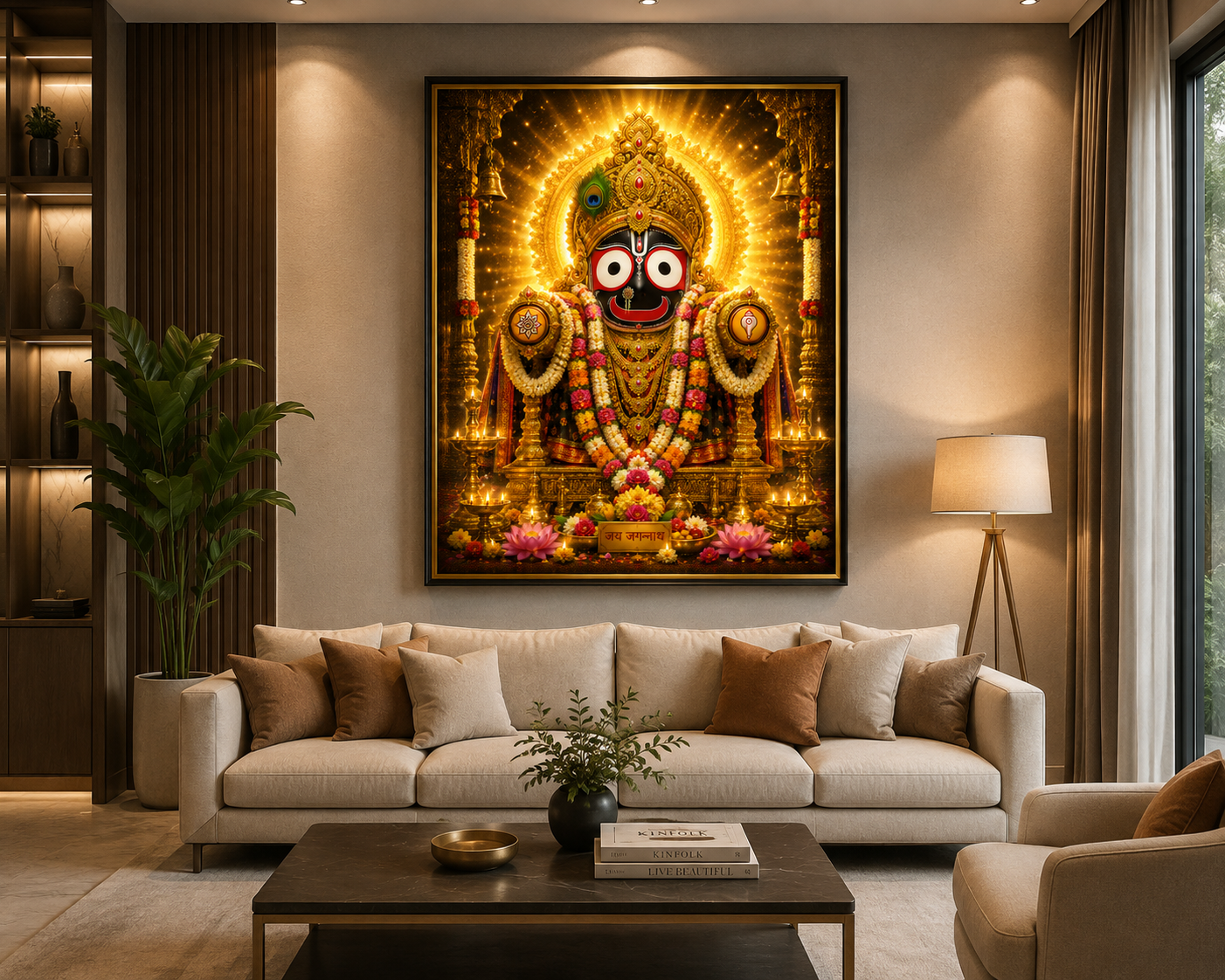 Lord Jagannatha wall art displayed in a warmly lit modern living room, framed above a neutral sofa