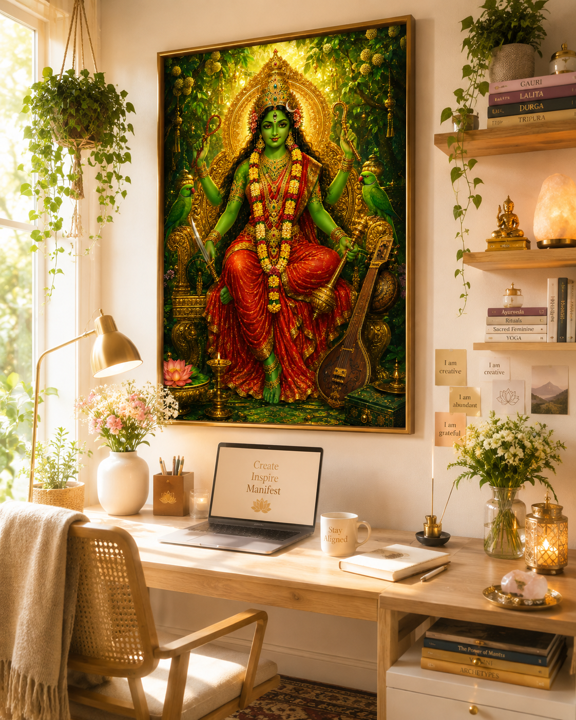 Maa Matangi wall art displayed in a sunlit creative workspace and artist's study, framed above a writing desk with plants and books