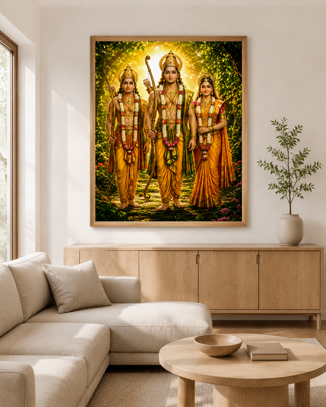 Ram Sita Lakshmana wall art framed in a bright living room, its warm gold and emerald forest palette serving as a devotional centrepiece