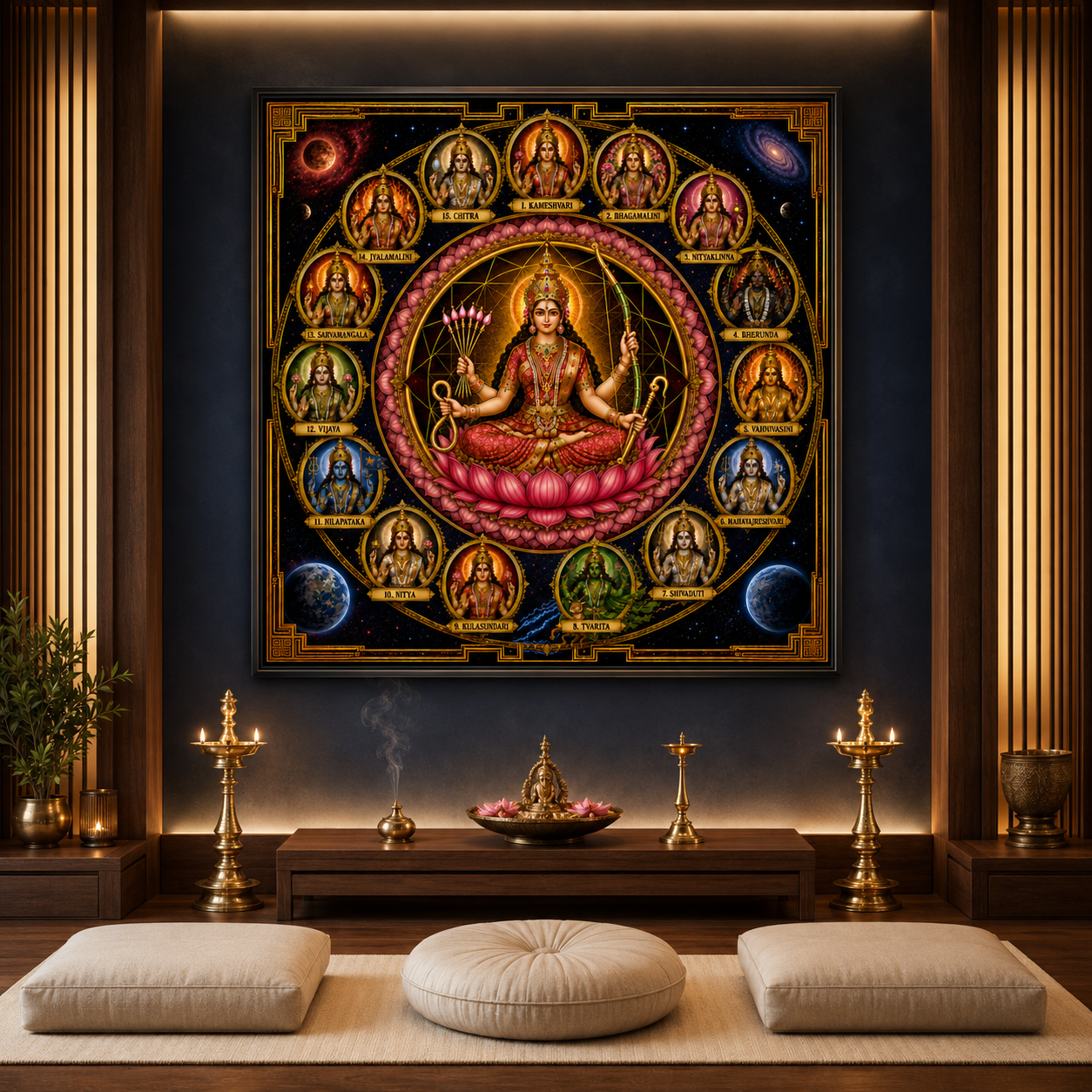 Sri Vidya Sixteen Nityas mandala printed and framed as the centrepiece of a Sri Vidya practice space, above a low altar with brass lamps, incense and lotus offerings