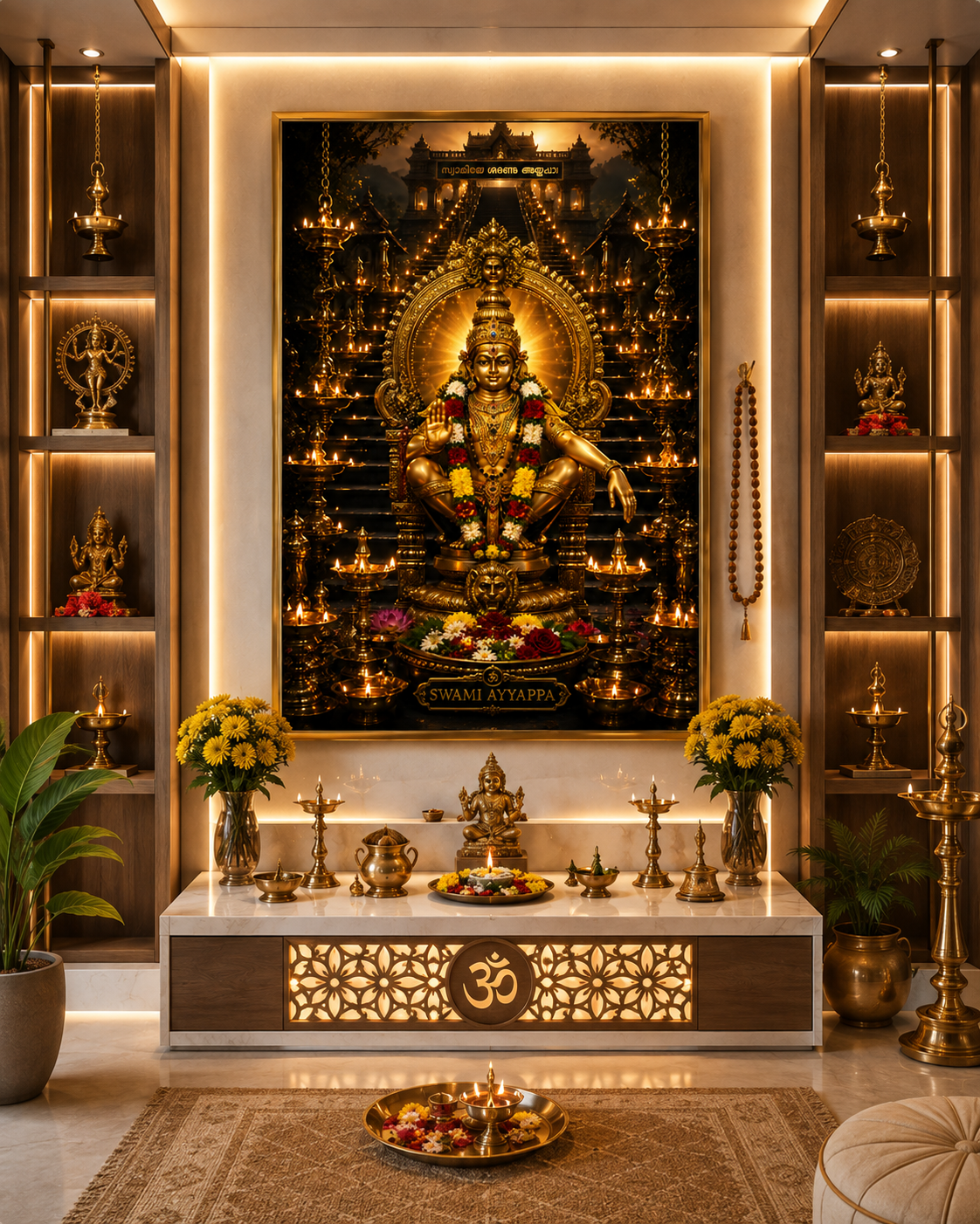 Ayyappa Swamy wall art displayed in a home puja room, framed in gold above a marble altar with brass lamps, flowers and an illuminated Om panel