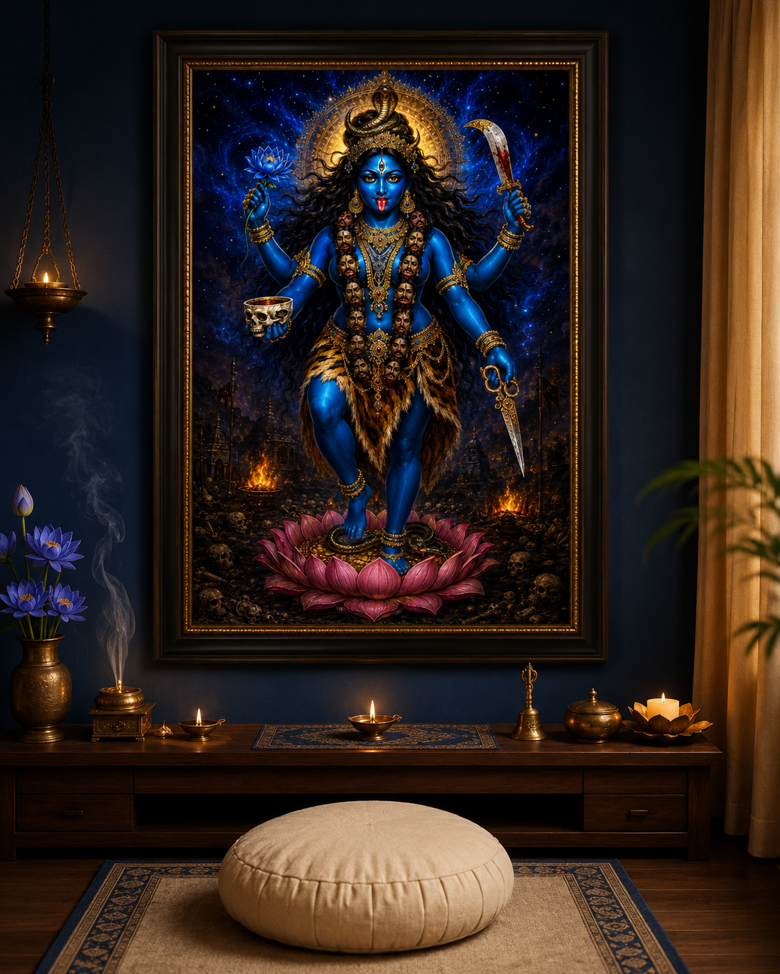 Maa Tara wall art printed and framed in a Shakta and Mahavidya practice space, hung in the second position of the sequence above a low altar with lamps and incense