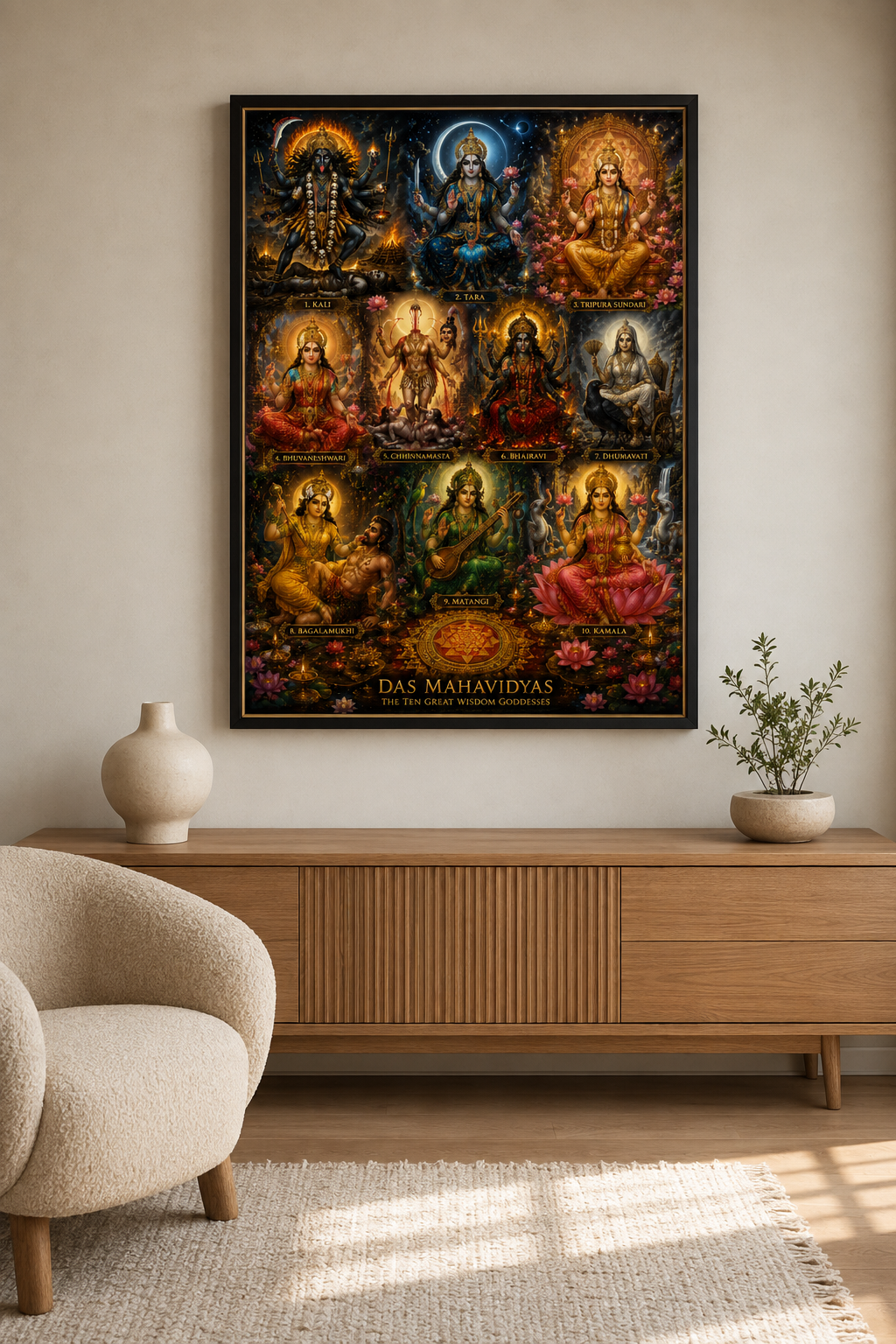 Dasha Mahavidya wall art framed in a calm yoga studio and teaching space, hung above a light wood sideboard as the complete visual guide to the Shakta tradition