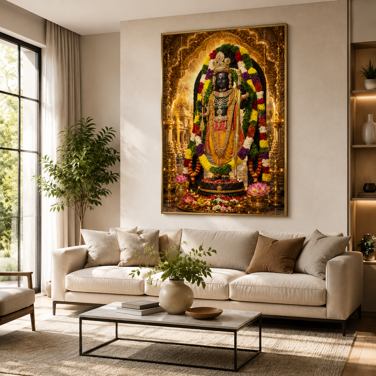 Ram Lalla wall art framed on a warm neutral wall in a North Indian domestic living room above a cream sofa with jewel-tone accents and natural light