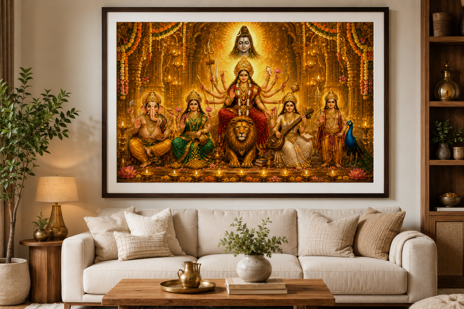 Durga divine family wall art framed in a bright modern living room above a light wood sideboard, its warm golden palette serving as a devotional centrepiece