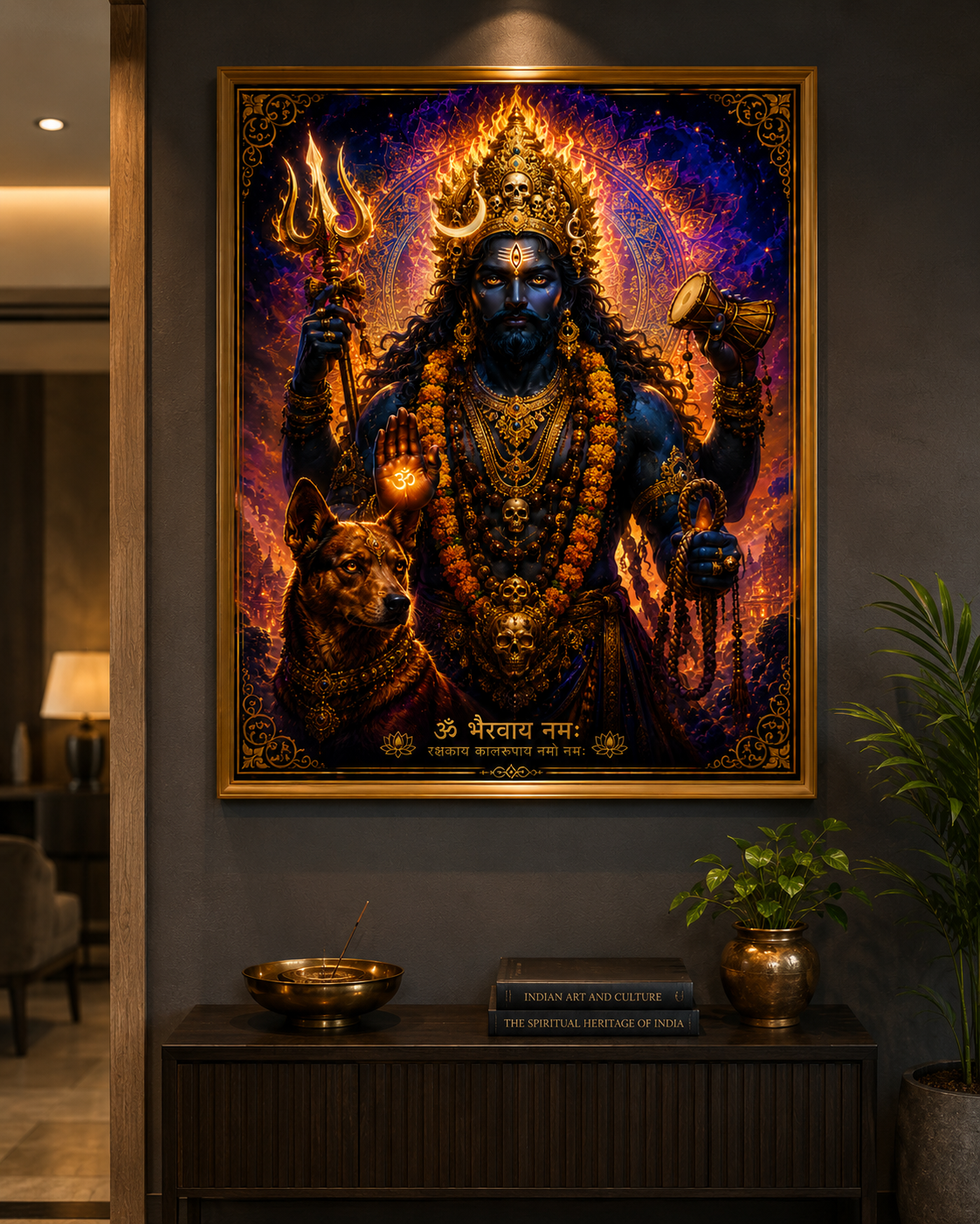 Lord Bhairava wall art displayed in a contemporary interior, gold-framed on a dark neutral wall above a wooden console
