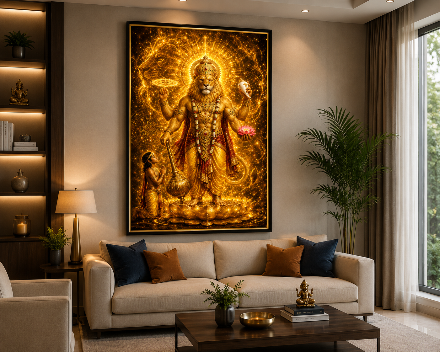 Narasimha Vishnu Avatar wall art displayed in a living room, gold-framed above a sofa against a neutral interior