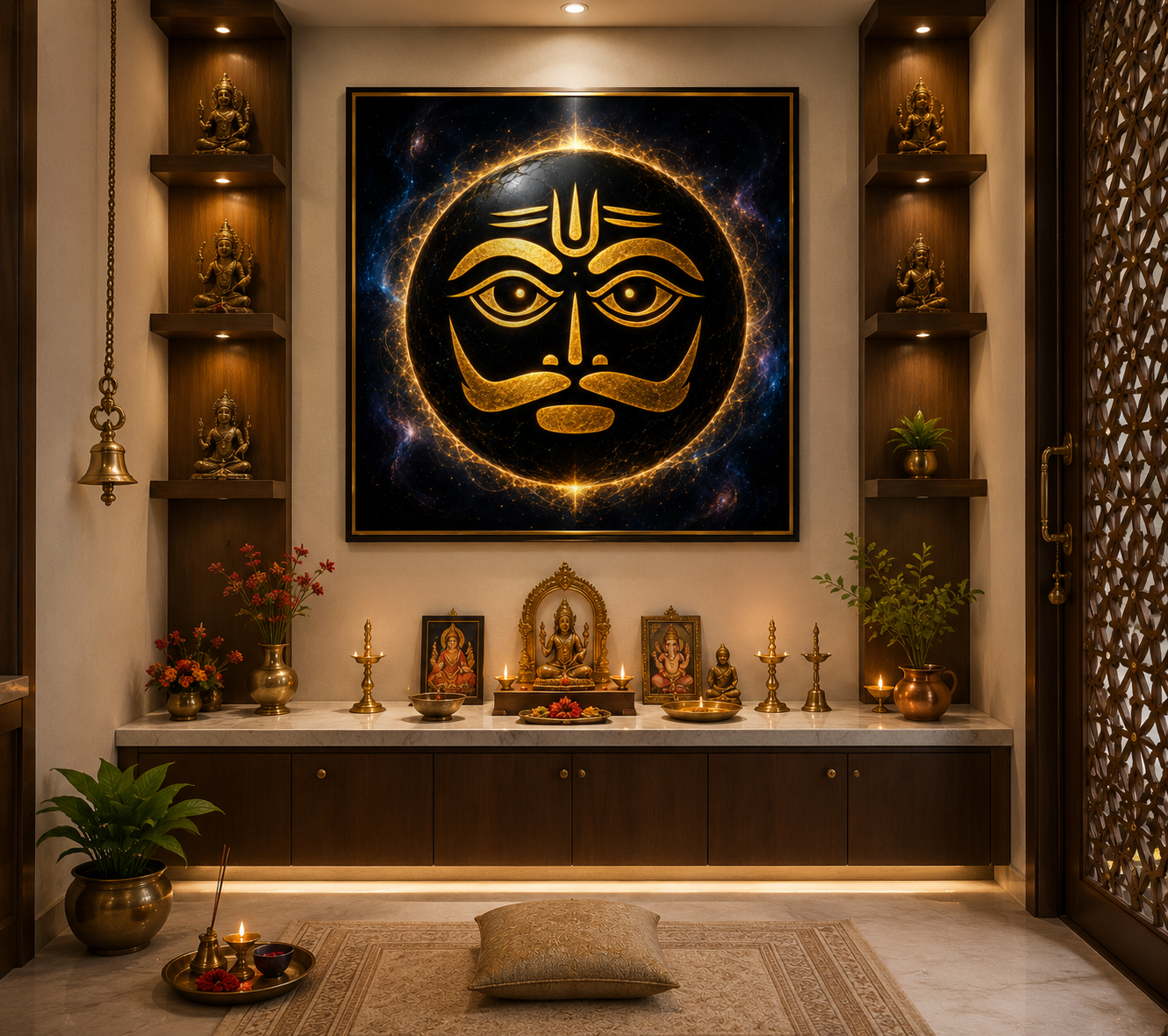 Kala Bhairava minimalist gold line art displayed above a home puja room altar with brass lamps, murtis and flowers