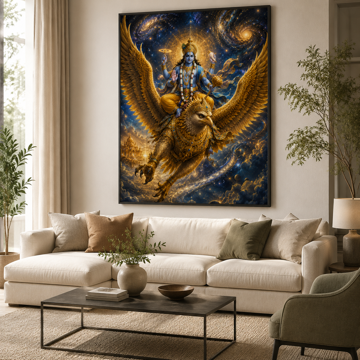 Vishnu riding Garuda wall art framed on a living room wall, the cosmic gold and blue palette a striking protective presence above a pale sofa