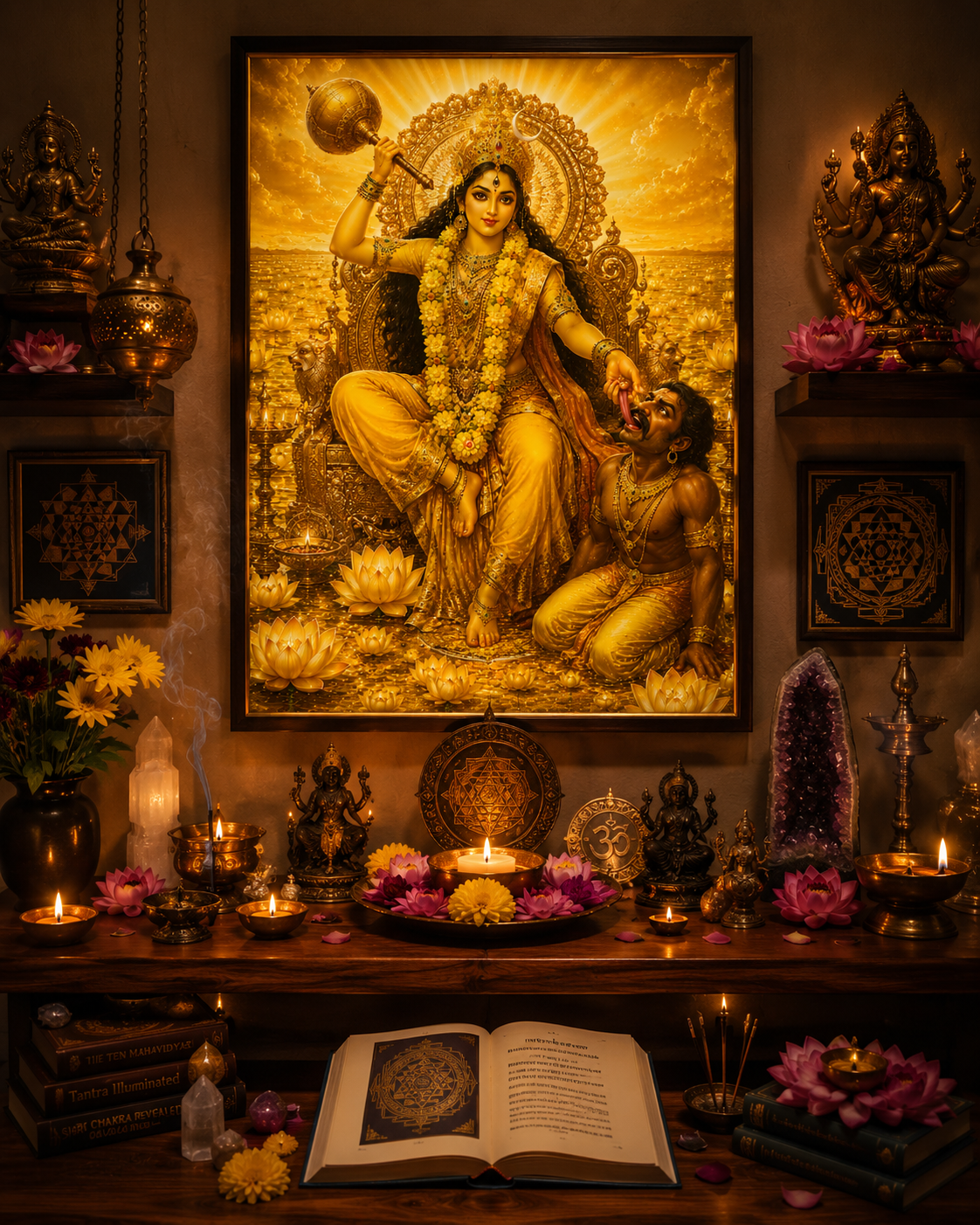Maa Bagalamukhi wall art displayed in a home puja room and Mahavidya altar setting, framed above a lamp-lit shrine with diyas, lotus flowers and yantra plaques